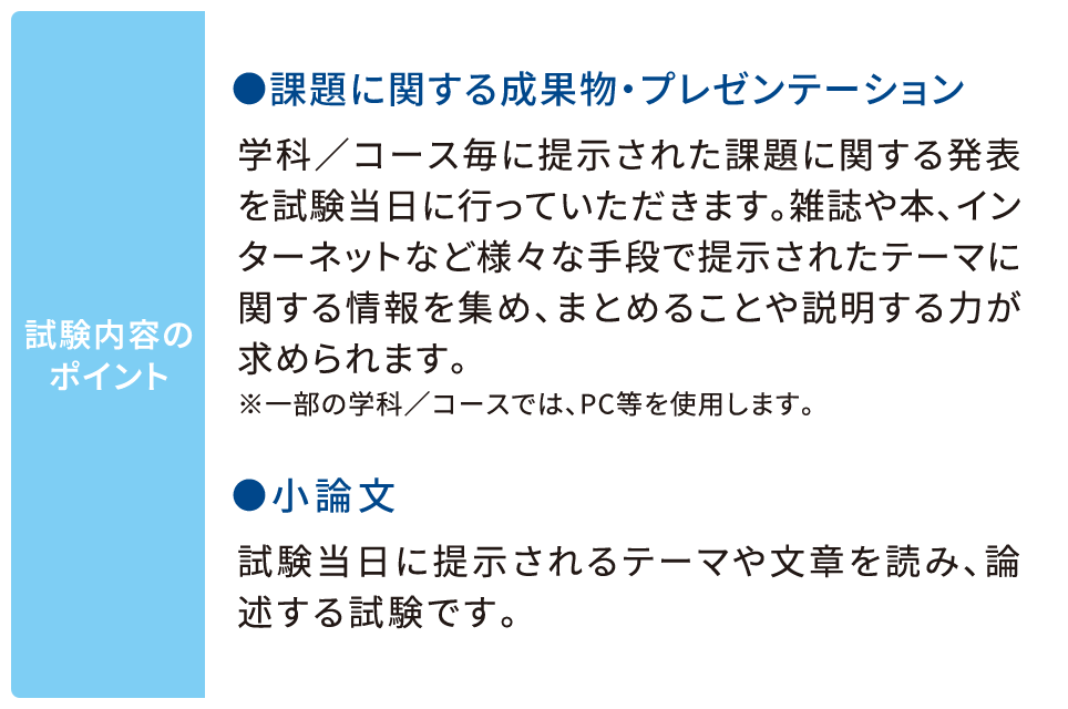 試験内容のポイント ●課題に関する成果物・プレゼンテーション 学科／コース毎に提示された課題に関する発表を試験当日に行っていただきます。雑誌や本、インターネットなど様々な手段で提示されたテーマに関する情報を集め、まとめることや説明する力が求められます。※一部の学科／コースでは、PC等を使用します。 ●小論文 試験当日に提示されるテーマや文章を読み、論述する試験です。